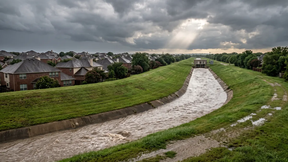 Engineered drainage canal running high with stormwater past a levee berm and Irving-area homes