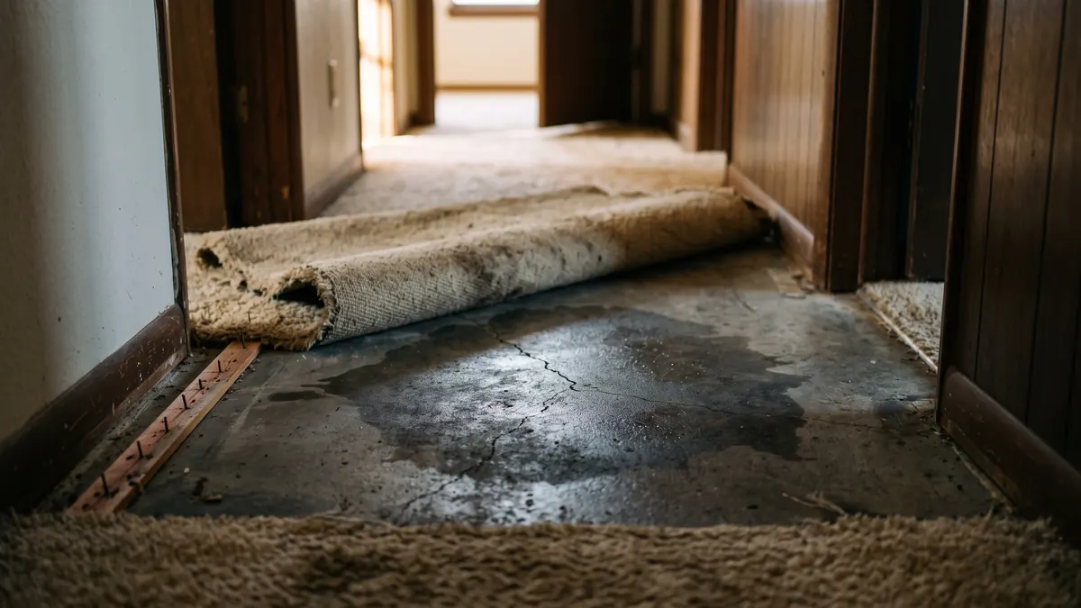 Carpet pulled back in an Irving hallway showing a damp stain and hairline crack on the concrete slab